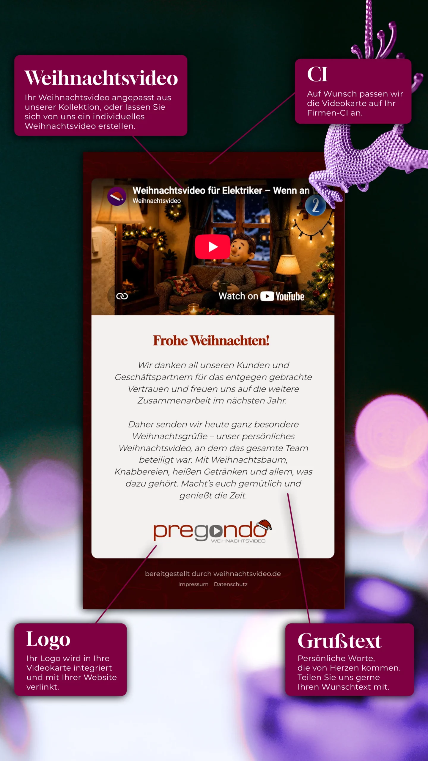 Digitale Videokarte für Unternehmen mit Weihnachtsvideo, Logo, Grußtext und CI-Anpassung
