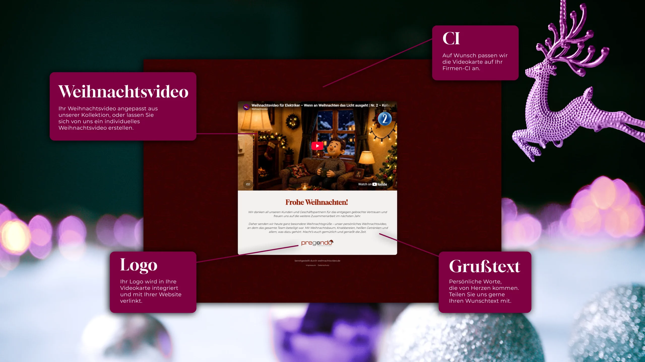 Digitale Videokarte für Unternehmen mit Weihnachtsvideo, Logo, Grußtext und CI-Anpassung