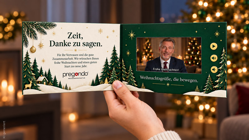 Geöffnete pregocard Weihnachtskarte mit integriertem Bildschirm in der Hand