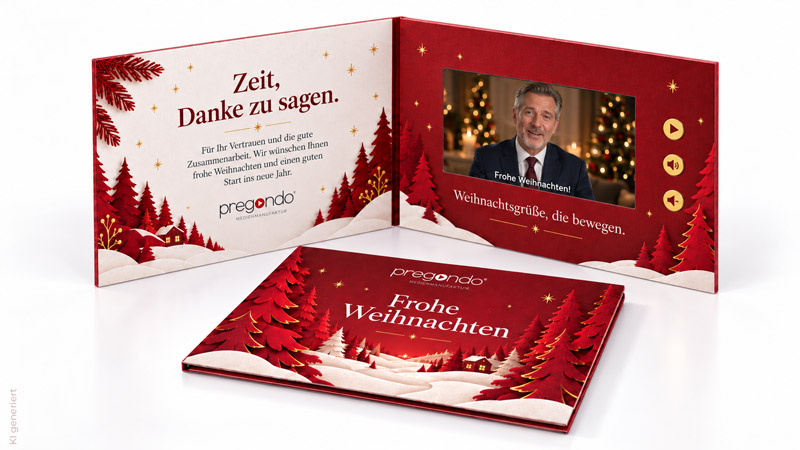 Geöffnete und geschlossene pregocard Weihnachtskarte mit integriertem Bildschirm