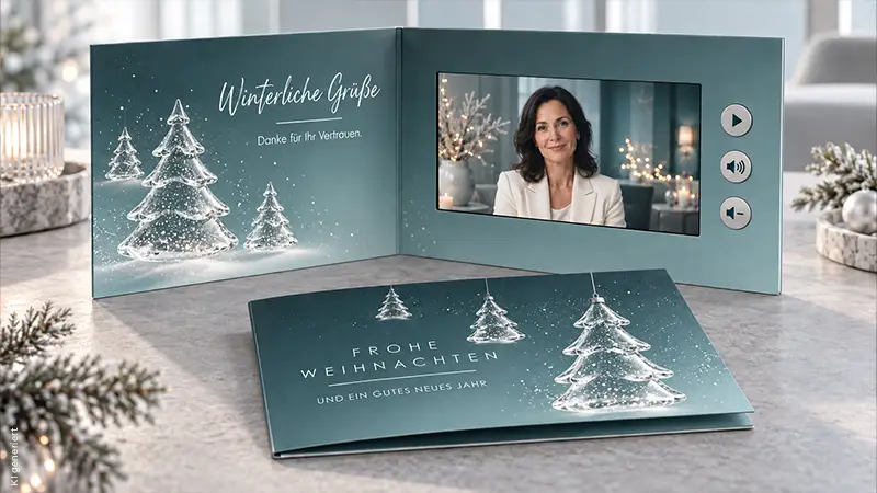 Geöffnete pregocard Weihnachtskarte mit integriertem Bildschirm und Weihnachtsvideo