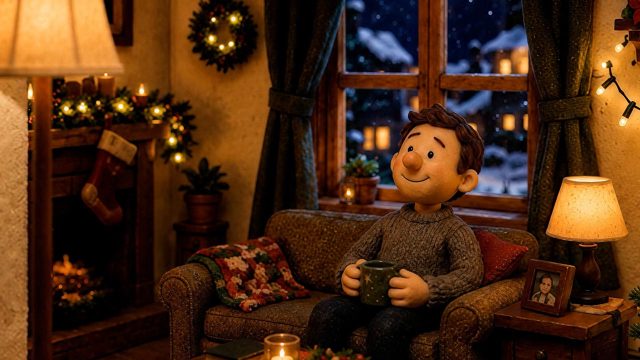 Bewohner sitzt nach repariertem Stromausfall gemütlich im weihnachtlich beleuchteten Wohnzimmer – personalisiertes Weihnachtsvideo für Elektriker