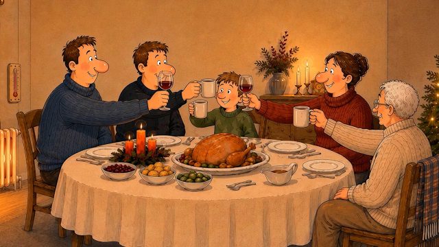 Familie und Handwerker beim gemeinsamen Weihnachtsessen – personalisiertes Weihnachtsvideo für Handwerksunternehmen