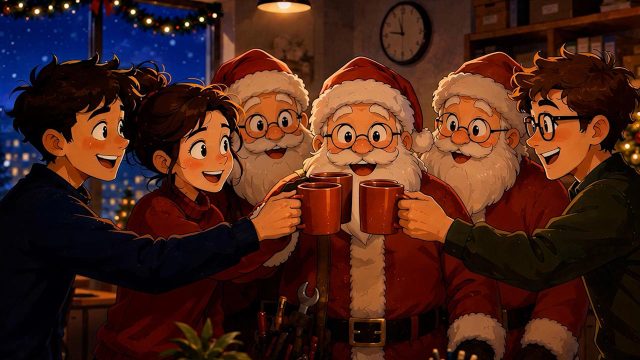Mitarbeiter stoßen mit Weihnachtsmännern im Büro an – personalisiertes Weihnachtsvideo für Unternehmen und IT-Dienstleister