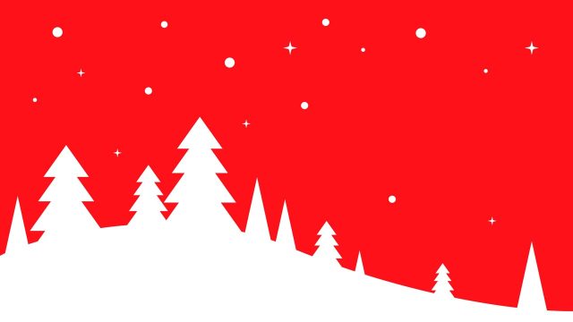 Grafische Winterlandschaft mit weißen Tannen und Schneeflocken auf rotem Hintergrund – animiertes Weihnachtsvideo für Unternehmen