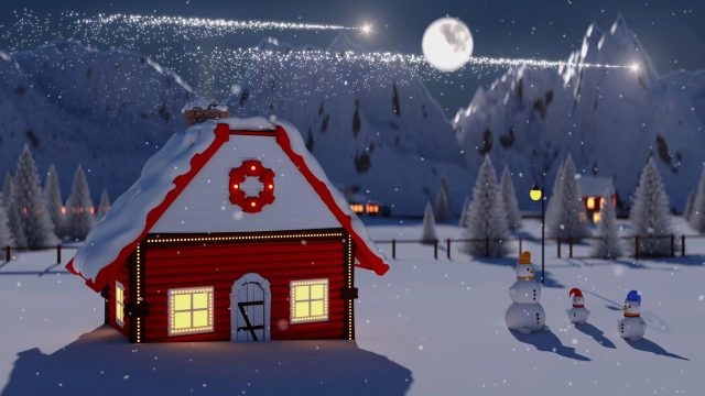 Verschneite Winterlandschaft mit roter Holzhütte und drei Schneemännern in einem animierten Weihnachtsvideo